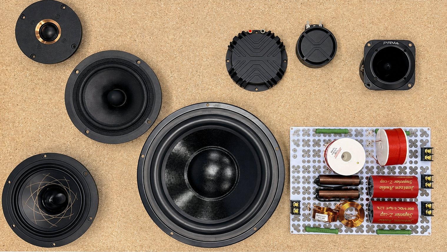 Loudspeaker drivers and a crossover from the Audio Components range